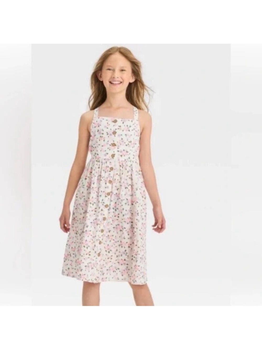 Girls Cat & Jack  Pink Floral Button-Front Sundress with Criss Cross Back EUC
